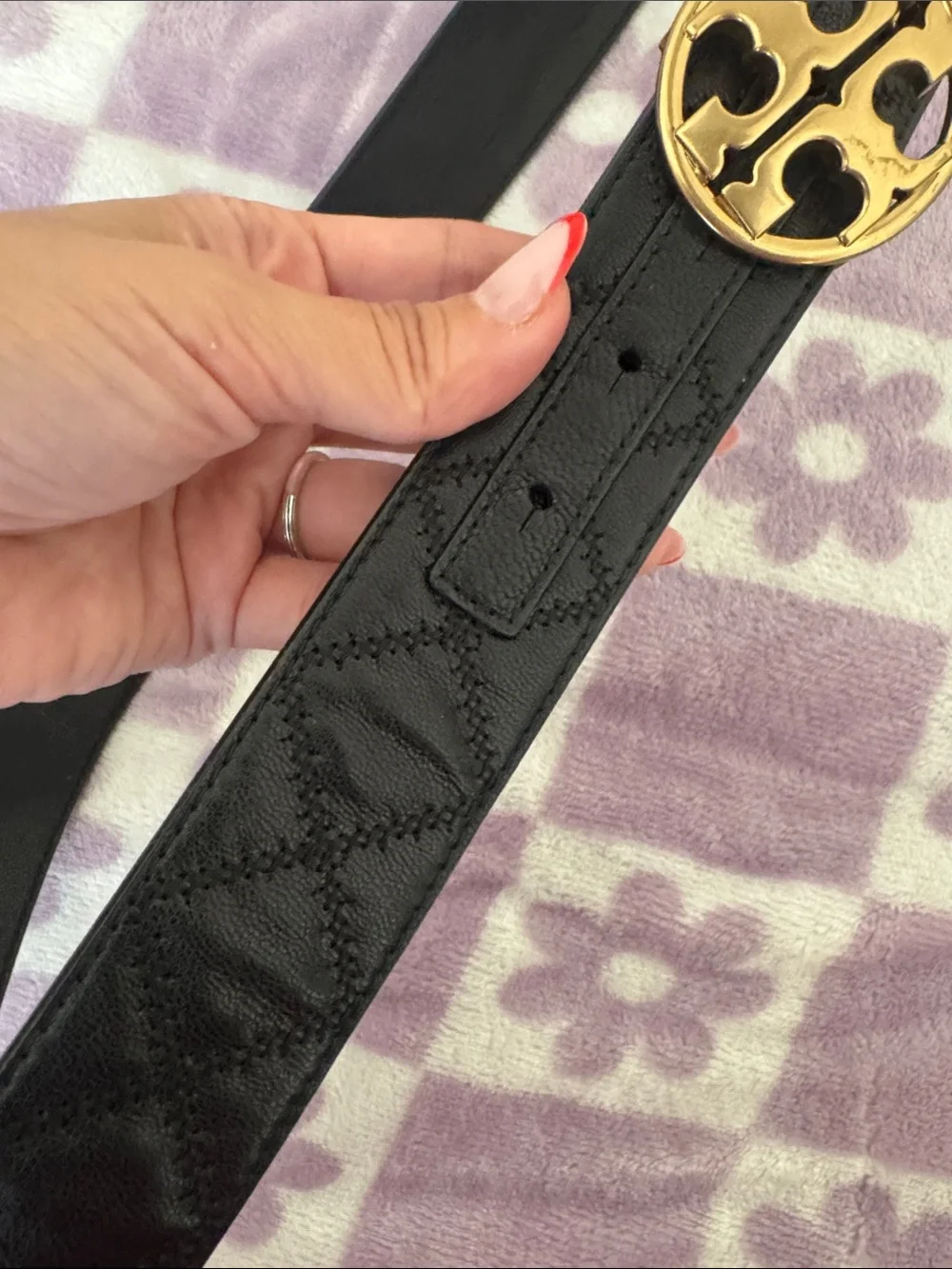 Tory Burch Black Quilted Leather Belt with Gold Logo Buckle